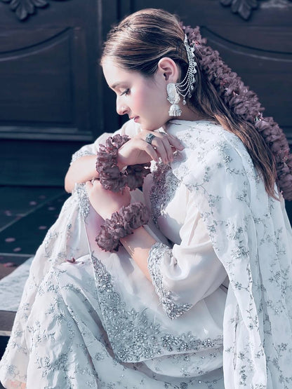 Ivory White Embroidered Silk Suit with Palazzo  Dupatta
