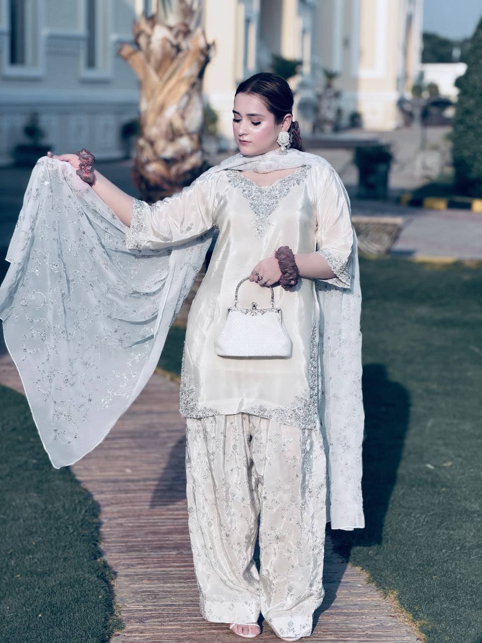 Ivory White Embroidered Silk Suit with Palazzo  Dupatta