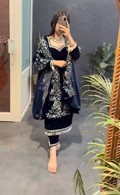 Luxury Maroon Velvet Embroidery Ensemble
